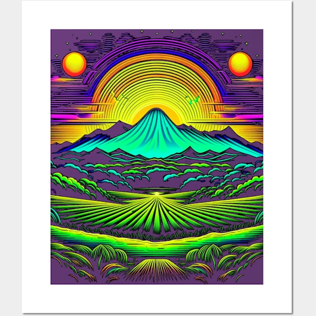 Suns, Mountain and Field on Alien Planet Wall Art by vystudio